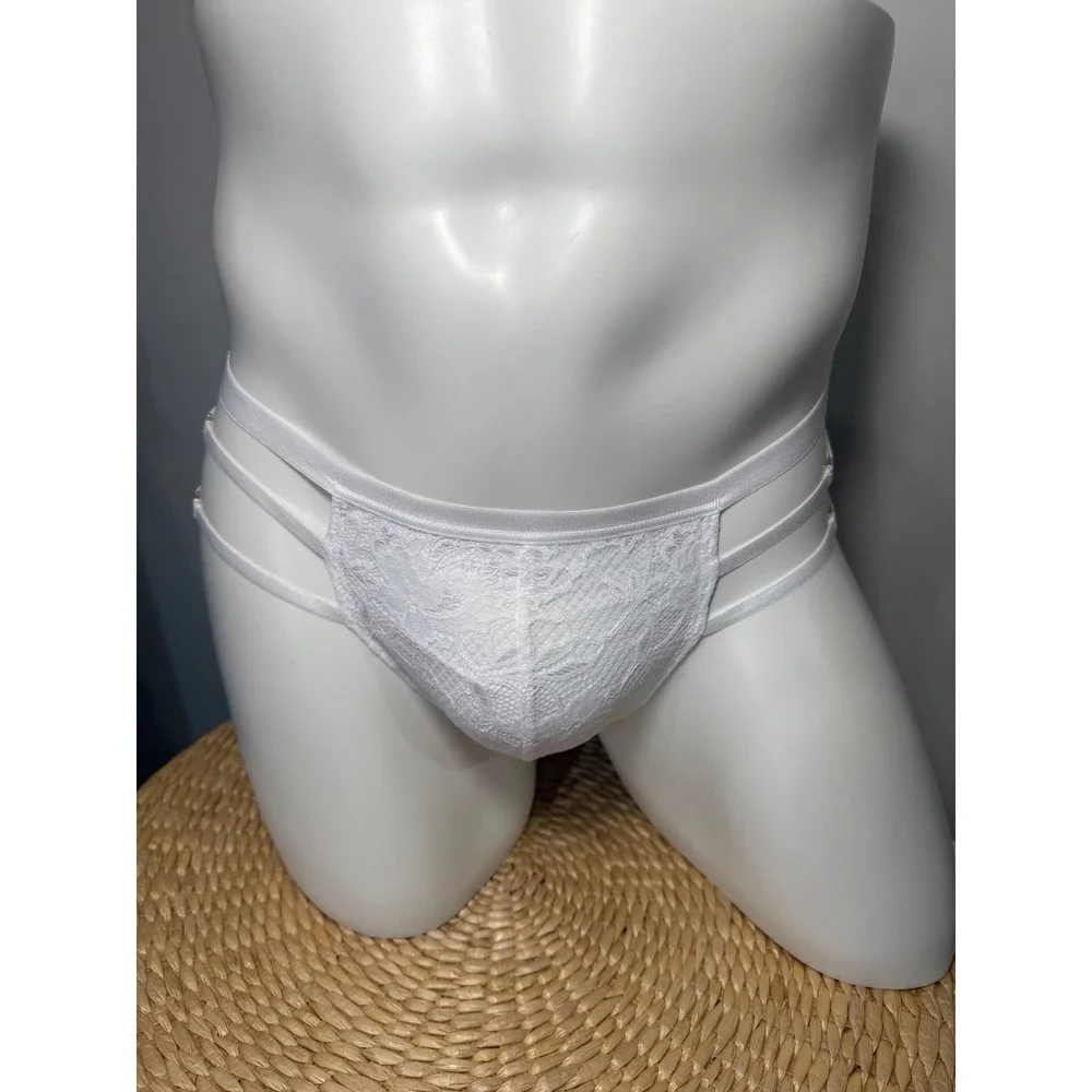 Cosabella White Strappy Italian Lace Thong Men's Floral Lace‎ Gold Hardware L